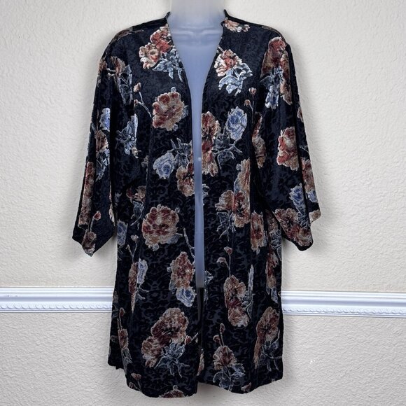 Womens Burnout Velvet Open Front Kimono Sz XL Whimsigoth Boho Dark Floral Montea - Picture 1 of 10